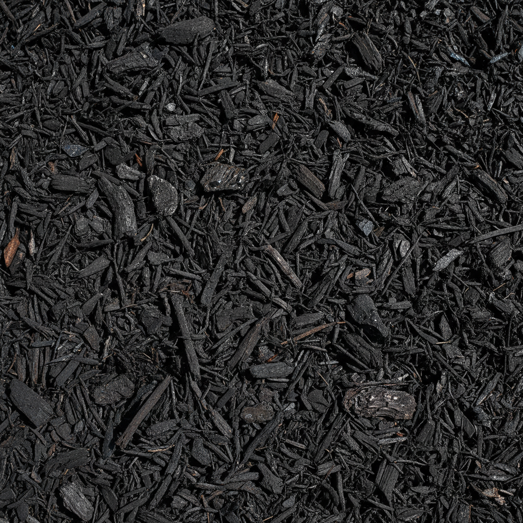 Black dyed shredded hardwood landscape mulch - top down view